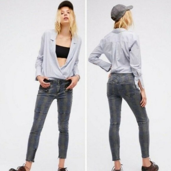 Free People Denim - Free People plaid moto zipper jeans